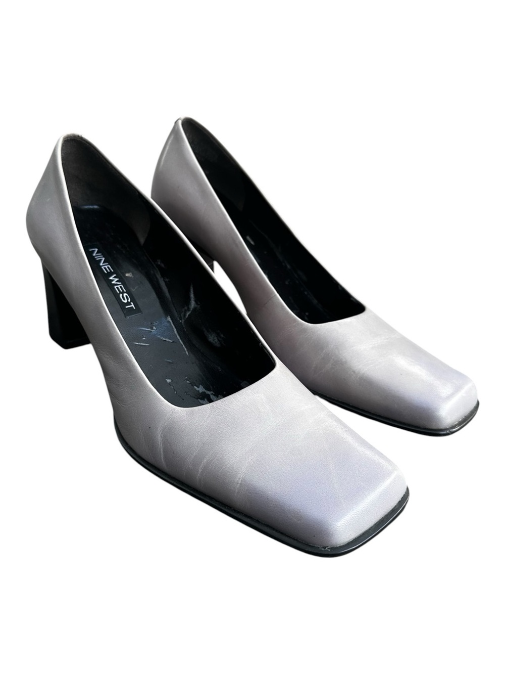 Vintage 90s Nine West Silver Grey Leather Square Toe Block Heel Pumps 8.5M